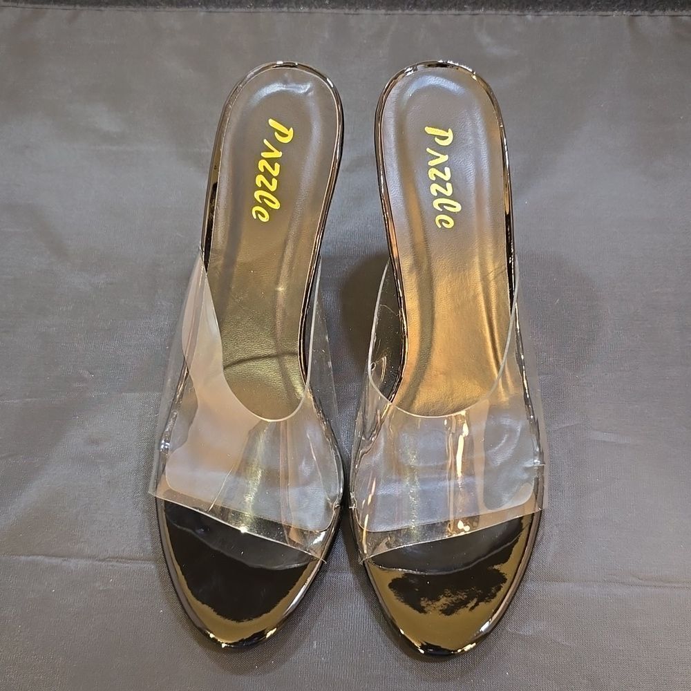 BRAND NEW PAZZLE RHINESTONE HEEL EMBROIDERED CLEAR  OPEN-TOE STRAP SANDAL
